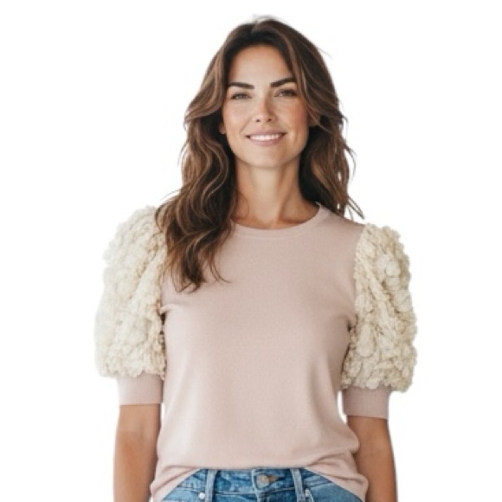 DIANE VON FURSTENBERG Women’s Wool Silk Blend Ruffled Sleeve Top in Tan Size P